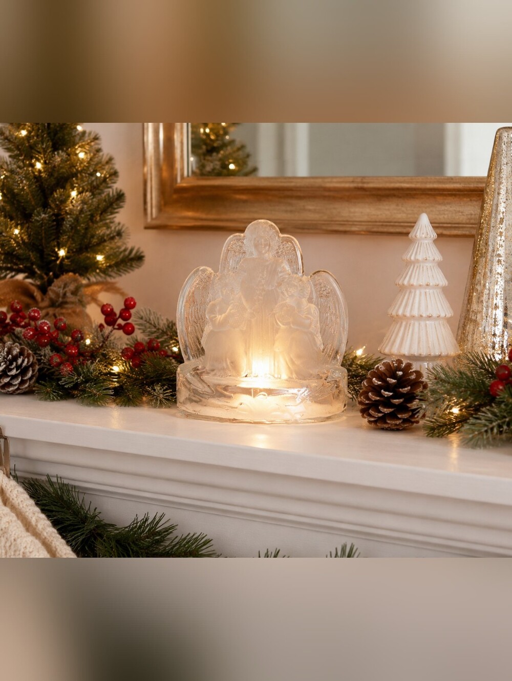 Vintage Holiday Time Frosted‎ Glass Angel Tea Light Candle Holder w/ Box Candle